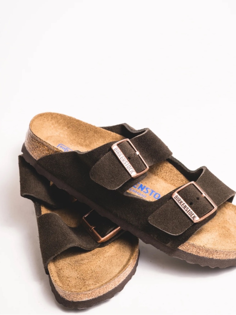 Birkenstock Arizona Moccasin Suede Sandals in Dark Brown with Copper Buckles NWT